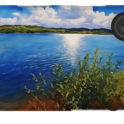 Canyon Lake in Texas under a beautiful blue sky with clouds - watercolor painting