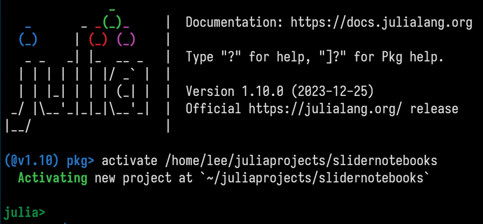 Activating an environment in the Julia REPL in package mode.