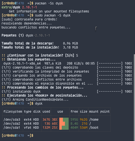 Muestra una terminal, usando los comandos pacman y dysk