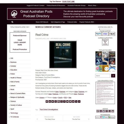 Real Crime With Adam Shand
Screenshot of the podcast listing on the Great Australian Pods website