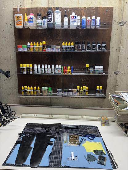 Basement shelves for paint.