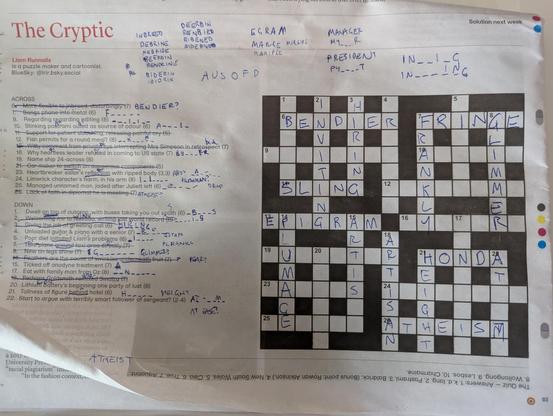 Cryptic crossword, about a third filled in