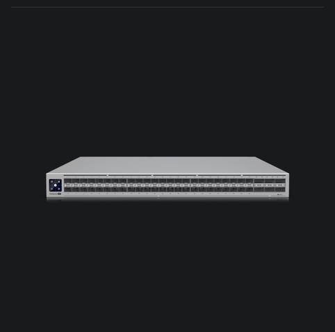 A Ubiquiti UniFi 10G 48-port switch that needs to be mounted in a 18" rack. Besides the front ports it has a tiny Touchscreen at the side to display info.