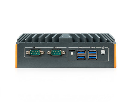 A thomas Krenn LES PLus v4, which is a fanless mini PC with a massive, powder-coated case to provide fanless cooling. It comes with 2x DB-9 RS-232 serial ports and 4x USB 3.0 up front.