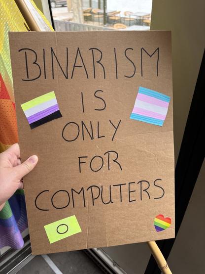 Pappe mit der Aufschrift: Binarism is only for computers

Drum herum mehrere Flaggen: trans, nicht binär und inter