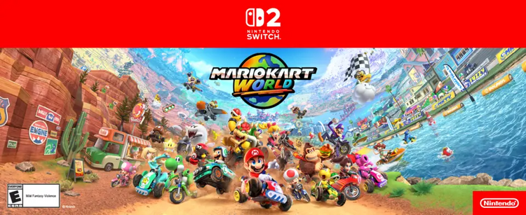 The image is a vibrant promotional poster for the video game "Mario Kart World" on the Nintendo Switch. The background features a dynamic scene with various characters from the Mario universe racing on different types of karts. The left side of the image shows a desert-like environment with cacti, a gas station, and a mountainous backdrop. The right side depicts a coastal area with a body of water, buildings, and a clear sky. The characters are positioned in the foreground, with Mario prominently in the center, wearing his iconic red hat and blue overalls, and riding a kart. Other characters include Luigi, Yoshi, Toad, and Bowser, among others, each in their respective karts. The game's title, "Mario Kart World," is displayed in large, colorful letters at the top center of the image. The Nintendo Switch logo is at the top, and the ESRB rating of "E for Everyone" is visible in the bottom left corner. The overall composition is lively and colorful, capturing the essence of the racing game.