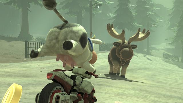 Cow, arse in the air, tail flying, nipples exposed, about to encounter a moose.