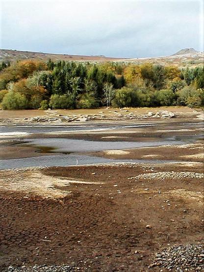 A shot across the resrvoir showing it reduced to puddles and large dry areas of the bed. The water is pale blue under an overcast sky and the ground shades of brown. Across the other side are granite boulders revealed by the low water level. Behind that is a mixed woodland with tors on the horizon.