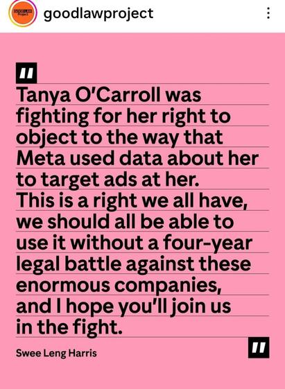 Tanya O'Carrol was fighting for her right to object to the way that #Meta used #data about her to target ads at her.
This is a right we all have, we should all be able to use it without  a four year legal battle Against these enormous  companies