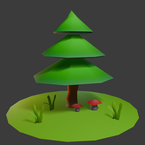 A 3D render of a low poly pine tree.