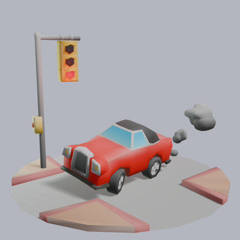 3D Render of a diorama in that a red car is driving over a cross road while the traffic light is red.