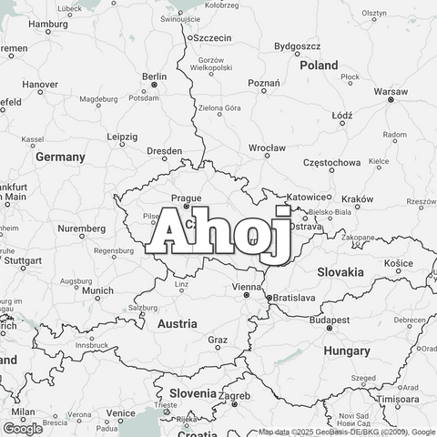 Map of Czech Republic overlaid with a translation of the word "hello": Ahoj.