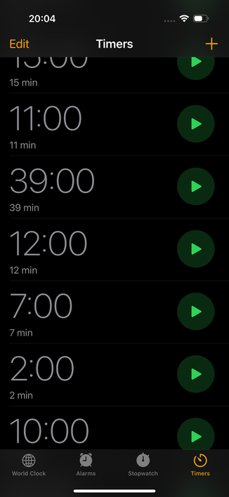 List of recent times set in the timer app
