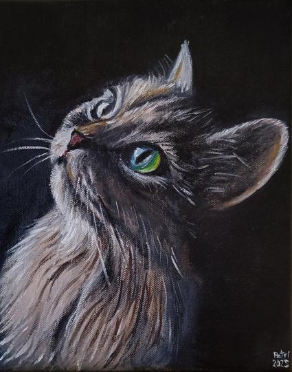An oil painting of a brown and black cat with long fur.
Black background. Cat looks up left. Green eyes.