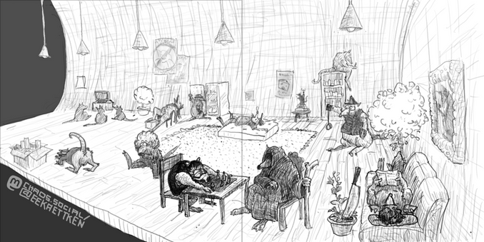 Digital drawing, black & grey on white.

A room full of humanlike rats in an interior living space. In the front, two rats are sitting on a table, one in a wrestling suit  laying tired over the table in front of a board game, one covered in a dark cape, holding a stick in one hand. To the right of them a rat is lying on a couch reading, besides it a big knife is standing in a flower pot . Behind them a rat in fetish wear is playing yo-yo. One rat is sitting on a shelf looking at a phone. One is lying sleeping on a mattress, another sleeps  on a chair. One looks into a fridge. One is sniffing around on the floor. One is picking around in its nose. Three rats in the background are watching TV. 

Several pictures on the walls, plants in the room and different stuff standing around. Lamps hanging from the ceiling. Wall on the right is rounded, a round dark hole is on the left side of the room. Downside of the pictures, the ground looks cut off.