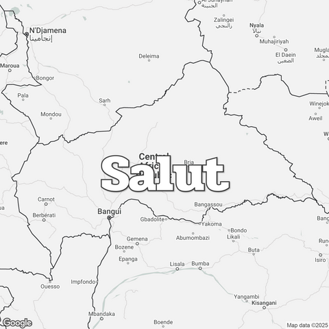 Map of Central African Republic overlaid with a translation of the word "hello": Salut.