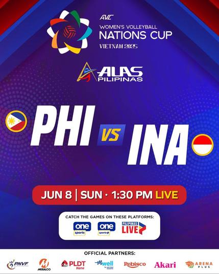 Poster. Philippines versus Indonesia. June 8, Sunday, 13:30. Live on One Sports, One Sports Plus, and Pilipinas Live app.