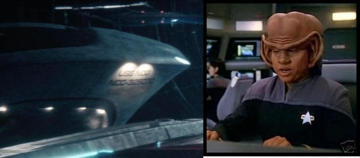 Two side-by-side images. On the left, a screenshot of a scene from the TV series "Star Trek Discovery," showing the exterior of a starship and with the running lights focusing on the name: The "U.S.S. Nog," Registration number NCC-325070 .

On the right, a photo of actor Aron Eisenberg in full Ferengi Starfleet costume and makeup as Ensign Nog.