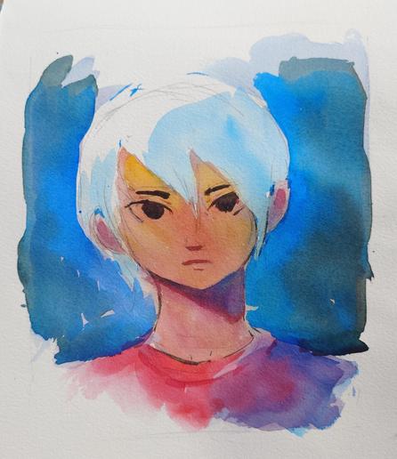 A watercolor painting of Ashley Robins from the game Another Code, or Trace Memory if you're in the United States. She's staring directly at the viewer and she has the implication of a red shirt on. The background is blue