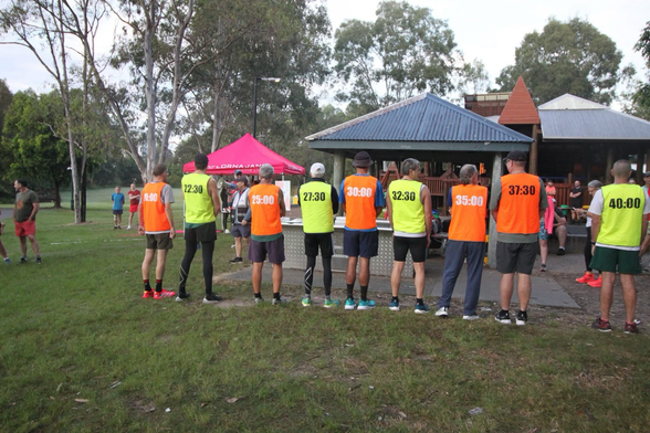 The same nine hi vis guys pose facing away from camera revealing their pacer time on the back of their shirts from 20 mins to 40 mins at 2 and half min intervals
