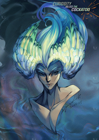 Cropped bust portrait of a pale skinned man with iridescent hair and head wings. Art and design by Ellyrieve LVK