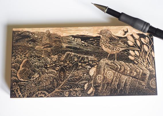 180x90mm almost finished wood engraving block of local moorland fauna and flora in their natural habitat. Pencil shown for scale.