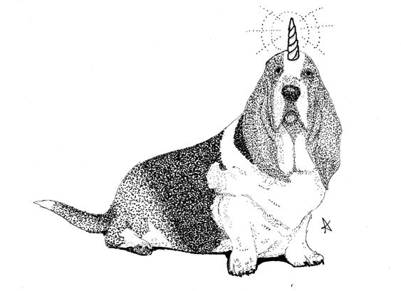 a black and white stippled pen and ink illustration of a very noble looking basset hound with a shining unicorn horn.