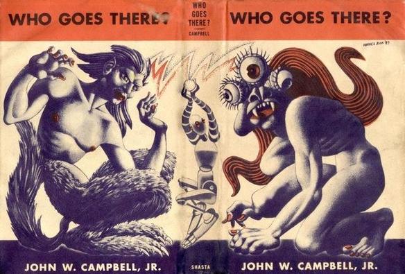 Cover for Who Goes There? A man with squirrel like feet and dale looks at another creature with three eyes and lengthy locks. There's a robot-like shape on the book spine.