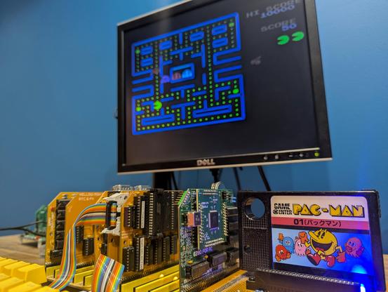 The PACMAN game cartridge loaded and running on a Yellow MSX kit computer - but using the green eZ80 CPU module.