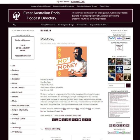 Mo Money
Screenshot of the podcast listing on the Great Australian Pods website