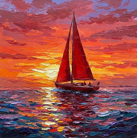 A sailboat glides through the water at sunset, with vibrant red sails contrasting against a fiery sky. The ocean sparkles with a multitude of colors reflecting the stunning sunset.