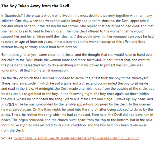 German folk tale "The Boy Taken Away from the Devil". Drop me a line if you want a machine-readable transcript!