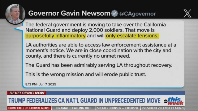 Tweet from California Gov Newsom agreeing that sending in U.S. troops is *deliberately* provocative.