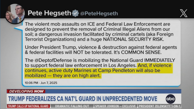 Defense Sec Hegseth threatens to send in more U.S. troops if the violence in LA... that HE instigated... worsens.
