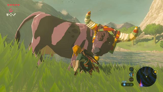 BOTW screenshot, Link is crouched down next to a large cow with lovely horns