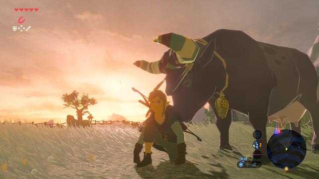 BOTW screenshot, a large cow is sniffing me