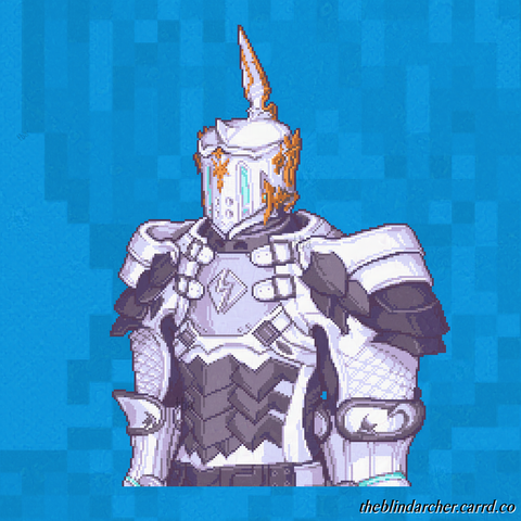 A 16 bit pixel art half-body portrait of a large character fully clad in black and white armor.  The helmet of the armor is accented with brass trim, and both the helmet and gauntlets have pale blue highlights.  The art is of the client's Warrior of Light from Final Fantasy XIV