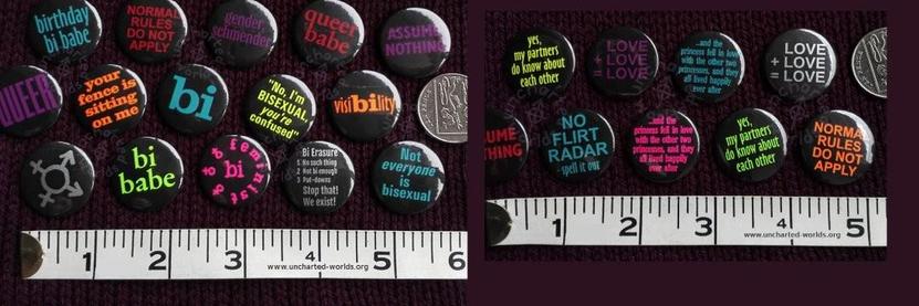 Various one-inch button badges, all with black background and coloured lettering.
• bi
• bi babe
• bi feminist
• No, I'm BISEXUAL, _you're_ confused 
• your fence is sitting on me
• queer
• queer babe
• assume nothing
• normal rules do not apply
• gender, schmender
• visibility (with the "bi" in the middle in a fatter typeface)
• birthday bi babe
• not _everyone_ is bisexual
• one with a logo where two arrows and two crosses emerge from a circle
• one which explains bi erasure in very small writing:  
"Bi Erasure 
1 No such thing
2 Not bi enough
3 Put-downs
Stop that!  We exist!"

Also, to give a sense of scale, a tape-measure showing inches, and a 10p coin which is just slightly bigger in diameter than the badges.  On the tape measure is the web address where I sell the badges from, www.uncharted-worlds.org.