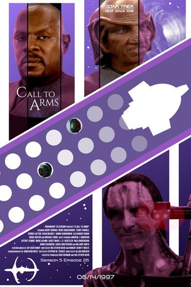 A mostly purple poster for the Star Trek Deep Space Nine episode Call to Arms, featuring the faces for Sisko, Rom, and Gul Dukat (smiling so the situation is bad) at the top and bottom of the poster. In the middle is a diagonal purple bar with a white silhouette of the Defiant, with white circles behind it.