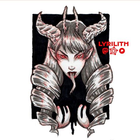 Frontal bust drawing of a female demon / devil with pointy ears. Her head, adorned with two sets of horns, is slightly tilted downwards while looking at the viewer. Her long forked tongue is sticking out. Her long hair is curled in two big parts, flowing over her shoulders and covering her breasts. Along her neck black liquid is dripping down, covering neck and shoulders. Her eyes are glowing read and behind her a black rectangle gives a stark contrast.