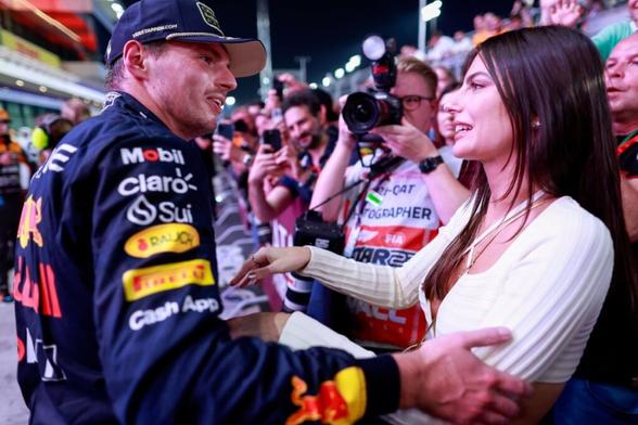 Kelly Piquet and Max Verstappen celebrate at the 2023 Qatar Grand Prix
