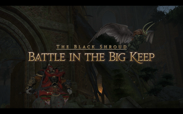 A screenshot from the video game "Final Fantasy XIV" showing promotional artwork for "The Black Shroud: Battle in the Big Keep." The scene is set within a dark, overgrown stone structure or ruin. Two armored characters are visible: On the left stands a large, bipedal figure with a red cape and ornate, gold-accented armor holding a weapon. On the right, a winged humanoid figure with horns and dark, plated armor stands partially obscured by trees and foliage. The title text is prominently displayed in a gold, serif font across the center of the image.