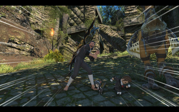 The Warrior of Light, a male character in Final Fantasy XIV, is in a defensive stance, shielding two non-player characters (NPCs) dressed as a vampire and a businessman, from an approaching bird-like monster. The Warrior of Light is wearing dark clothing and a bow slung over his shoulder, standing on a stone path in an outdoor environment amidst ruins and greenery. The image has a motion blur effect, indicating fast movement.