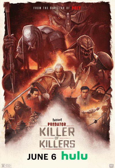 Poster for the movie. Three predators loom at the top. A viking elder woman with a shield and an ax looks forward with braided, white hair. Twin japanese brothers to her left. One wearing armor and holding a fancy katana. The other dressed in ninja garb. To the viking's other side, a latino man climbing into a WWII plane.
