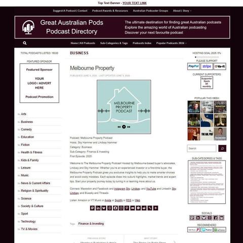 Melbourne Property Podcast
Screenshot of the podcast listing on the Great Australian Pods website