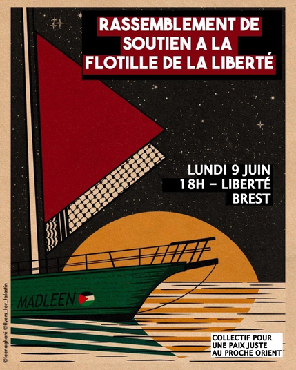 Affiche du rassemblement avec un voilier dans la nuit, aux voiles aux couleurs du drapeau palestinien.
