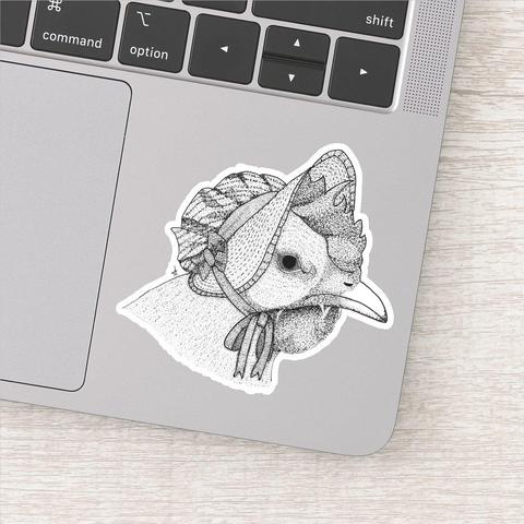 product image of a custom cut sticker on the empty space in the corner under a laptop keyboard, the sticker is of a pen and ink drawing of a very disapproving chicken wearing a bonnet.