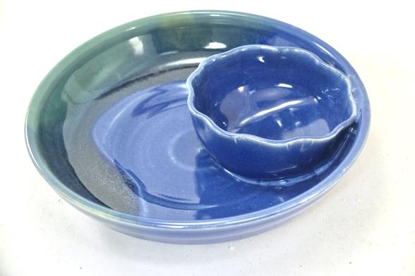 handmade bowl with smaller bowl within it for salsa and chips