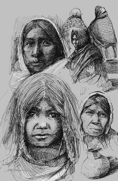 Art print of an original pen drawing of various indigenous women of varying ages.