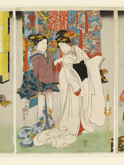From the Victoria and Albert Museum, London: “Here a group of women help a bride perform the ironaoshi, or ‘colour alteration’, ritual. Shiromuku, meaning ‘pure white’, would be worn by the bride for the procession to the groom’s home and the sacred ceremony. She would then change into a richly decorated outer kimono for the banquet. This ironaoshi ritual was often repeated, requiring a set of lavish garments.”